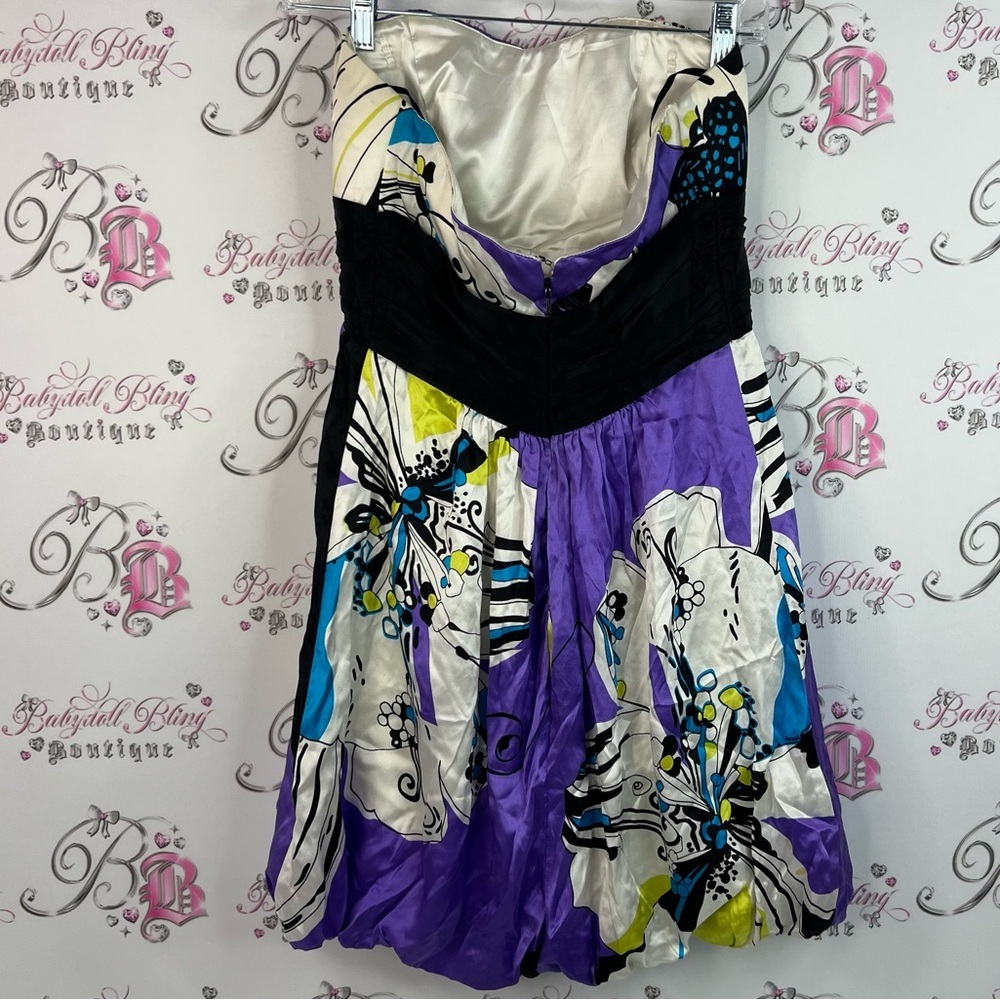 Bebe dress shiny floral butterfly print shimmer Elegant White Satin Dress - Picture 2 of 14